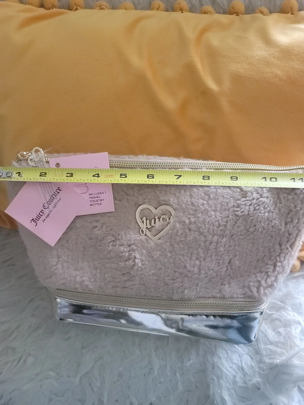 Juicy Couture beige Sherpa And GOLD TONE TWO SECTION COSMETIC TRAVEL BAG